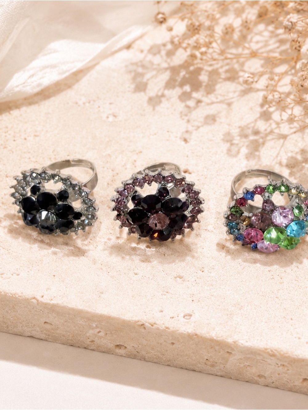 2/20 Set of 3 Multicolor CZ Crystal Adjustable Cocktail Rings